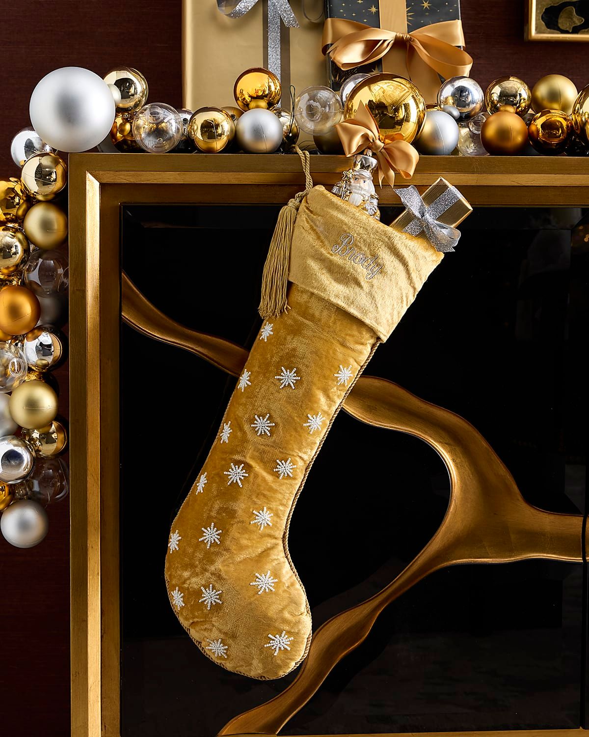 Gold Velvet Stocking with Snowflakes, Personalizable