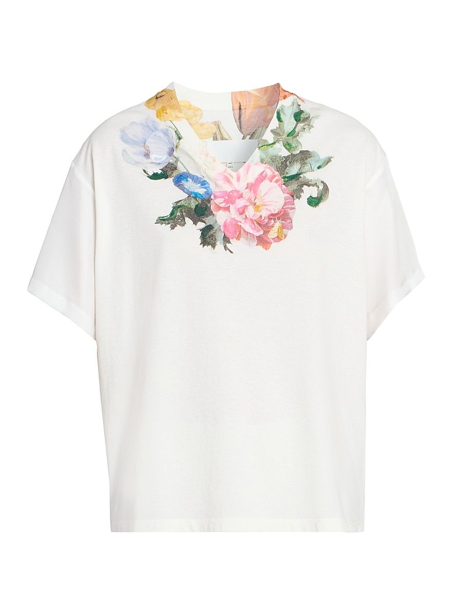 Women's Floral Cotton V-Neck T-Shirt - Off White - Size XS