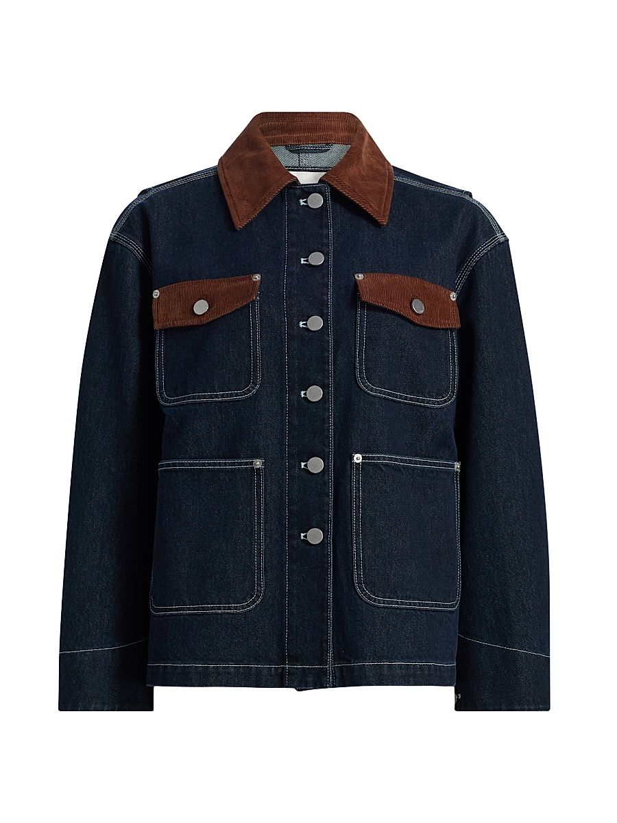 Women's Contrast Corduroy-Trim Denim Chore Jacket - Dark Indigo - Size XS