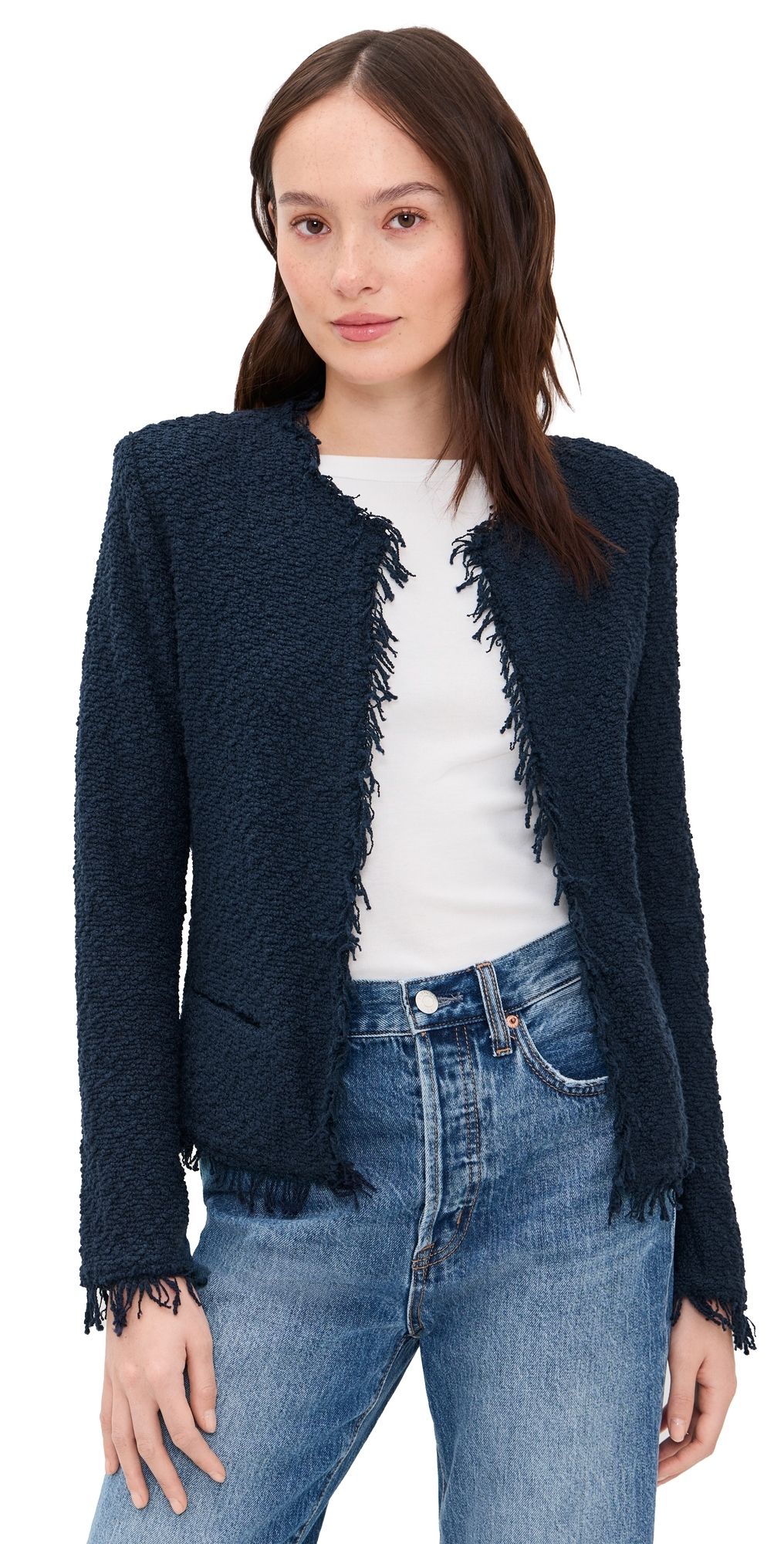 IRO Shavani Fringe Hem Tweed Jacket Anchor Blue 38