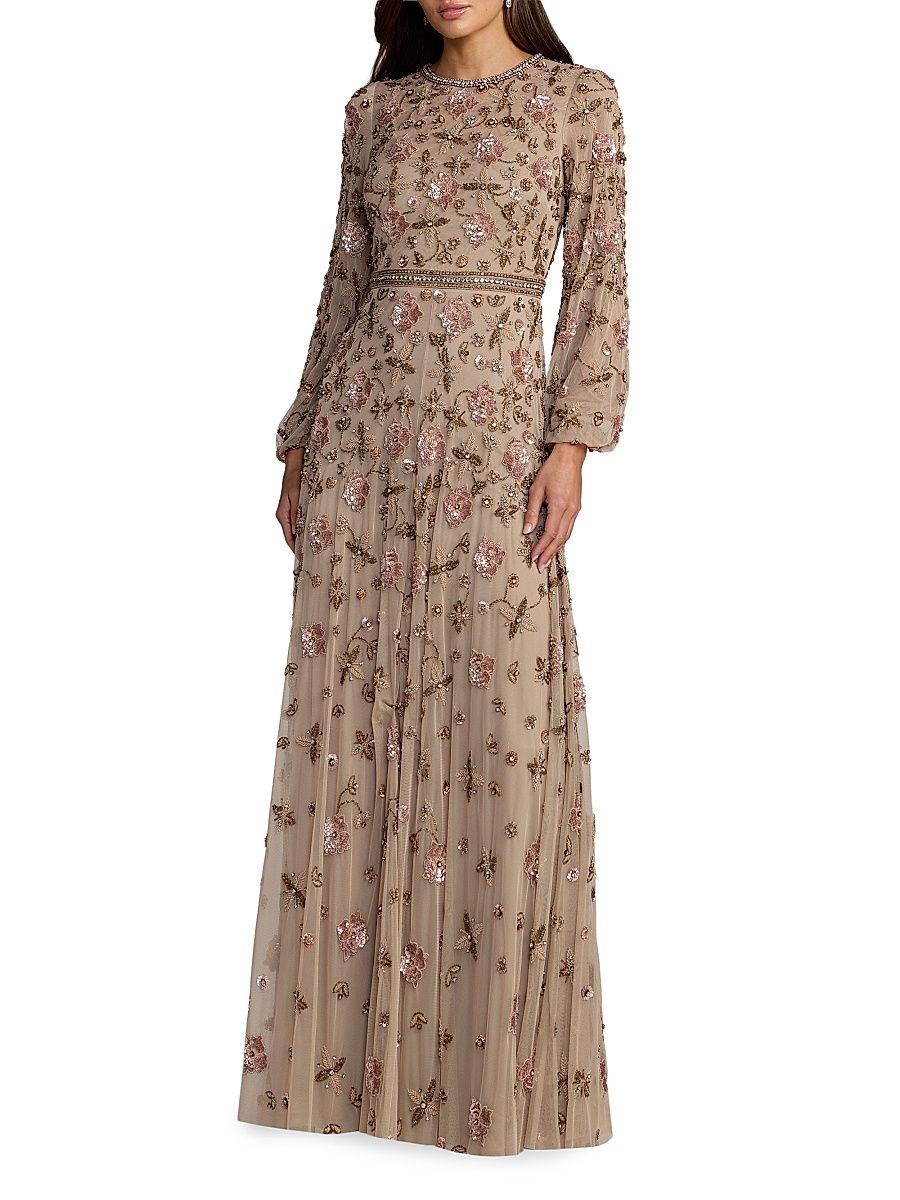 Women's Embellished Blouson Sleeve Tulle Gown - Taupe - Size 20