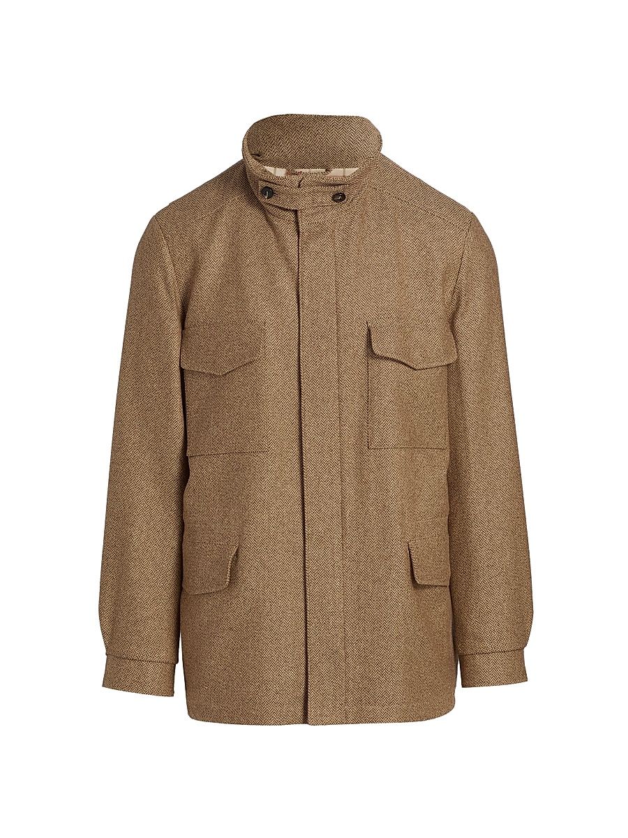 Men's Traveller Chevron Cashmere-Silk Rain Field Jacket - Camel Brown Chevron - Size 40