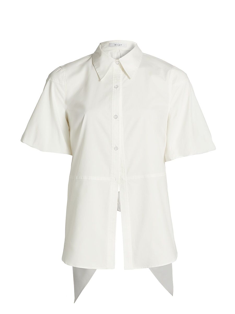 Women's Tie-Back Cotton Poplin Button-Front Shirt - White - Size XS