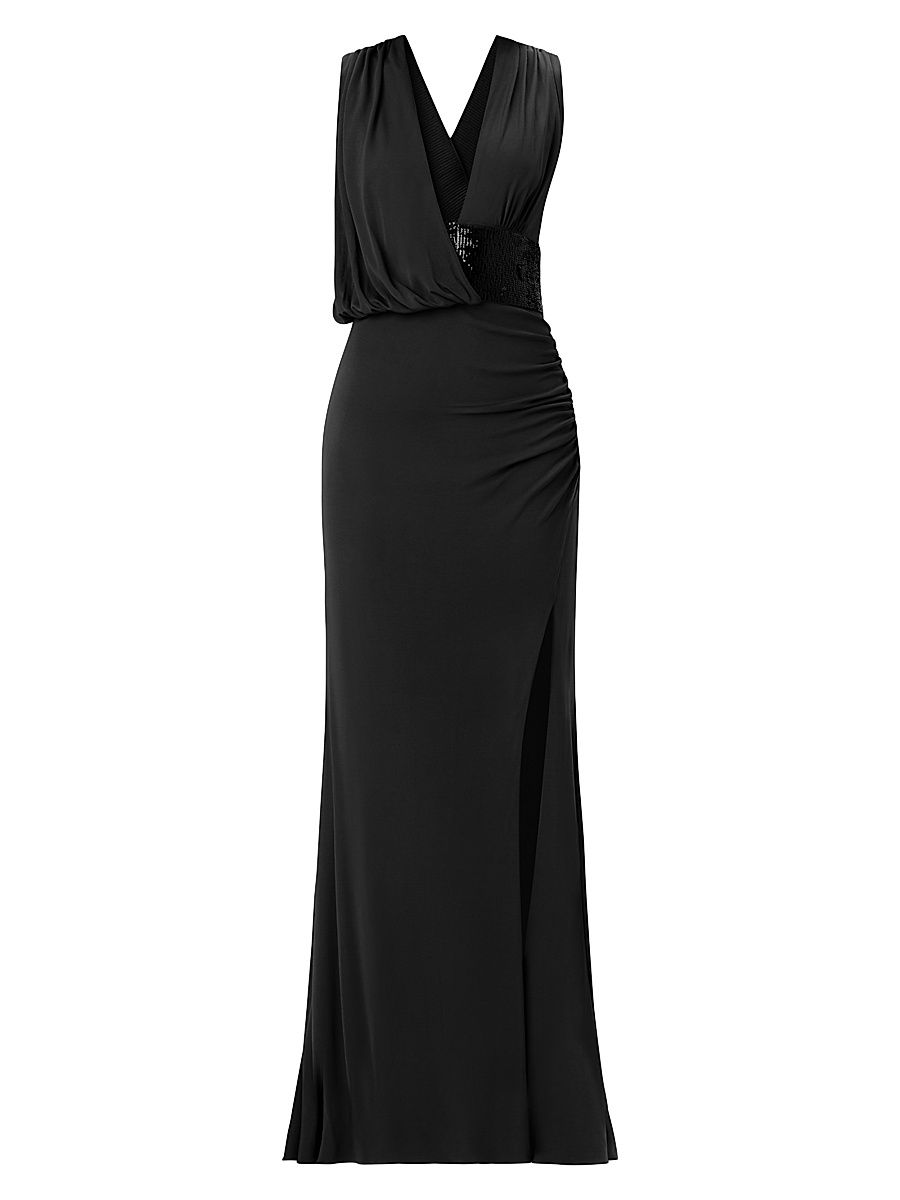 Women's The Lucille Sequin-Embellished Jersey Plunge Gown - Black - Size XS