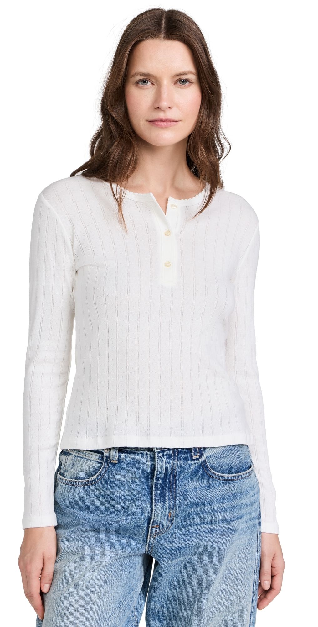 Leset Pointelle Long Sleeve Henley White S