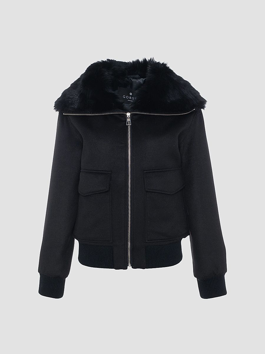 Gorski Women's Fabric Coat with Select Shearling Lamb Collar - Black - Size Medium