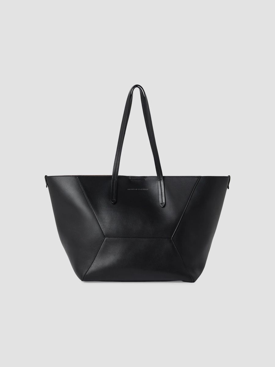 Brunello Cucinelli Women's Duo Large Tote Bag in Calfskin with Monili - Black