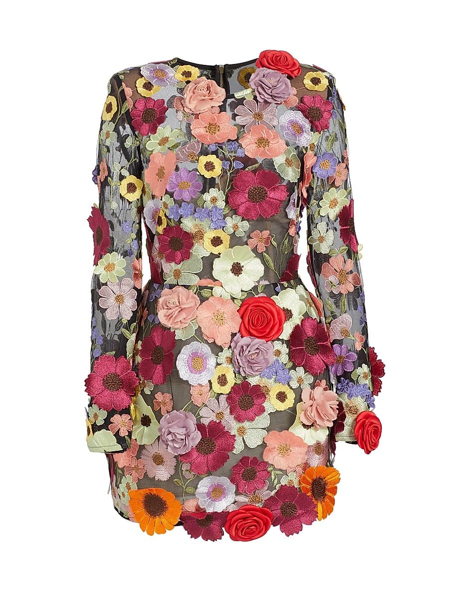 Women's Maraya Bouquet Long-Sleeve Minidress - Black Multi - Size Medium
