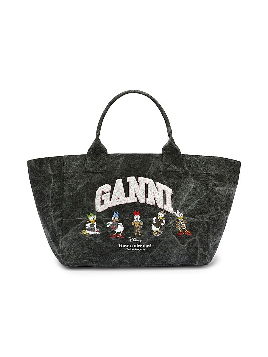 Women's Ganni x Disney Medium Logo Denim Tote Bag - Black Oyster