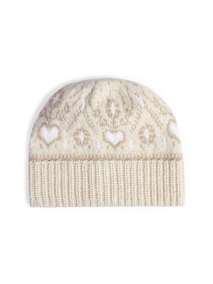 Women's Avers Heart-Pattern Cashmere Beanie - Ecru Multi