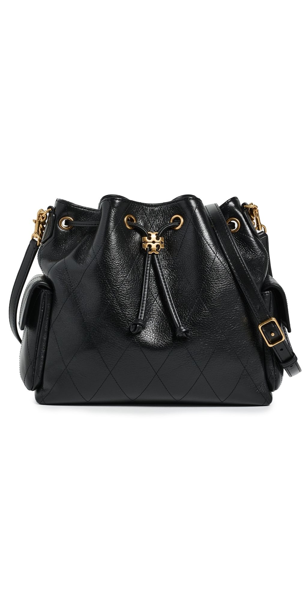 Tory Burch Charlie Quilted Drawstring Shoulder Bag Black One Size