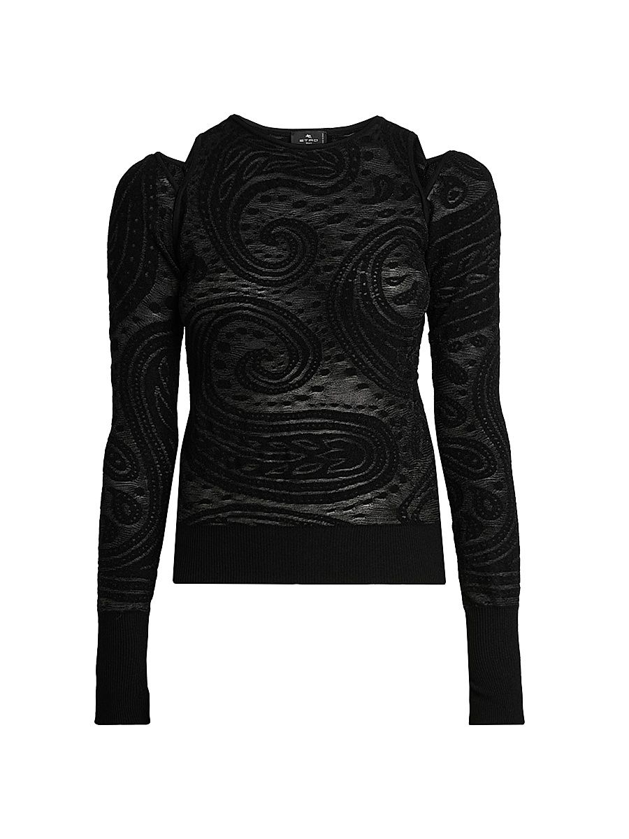 Women's Paisley Cold-Shoulder Knit Top - Black - Size 12
