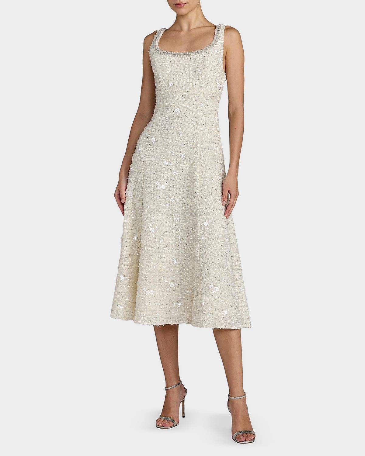 Boucle Embellished Square Neck A-Line Midi Dress