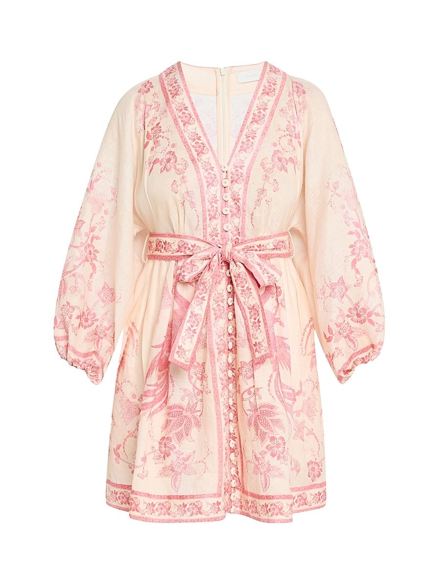 Women's Lucky Floral Linen Tie-Waist Minidress - Cream Pink - Size 10