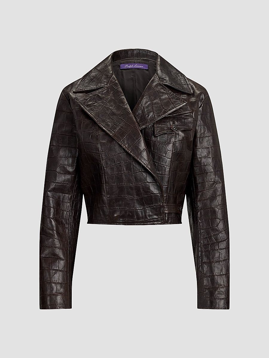 Women's Jaxson Croc-Embossed Leather Moto Jacket - Espresso - Size 8