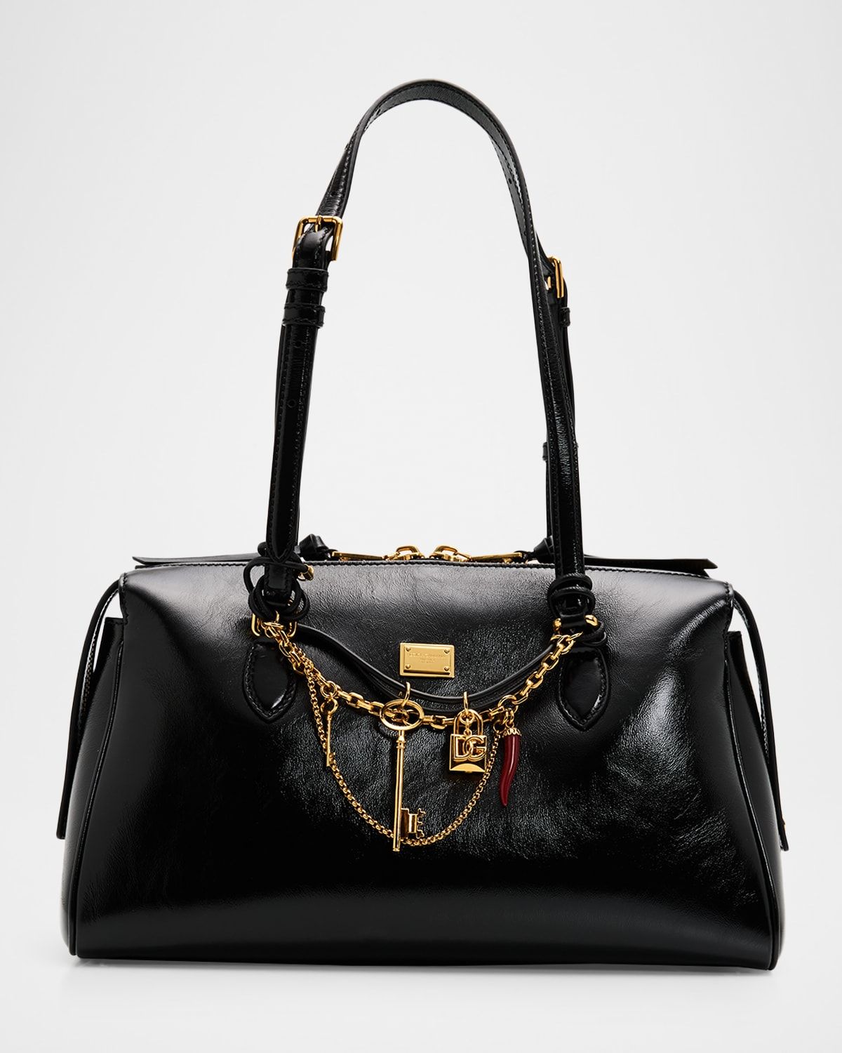 Charm-Embellished Leather Top-Handle Bag