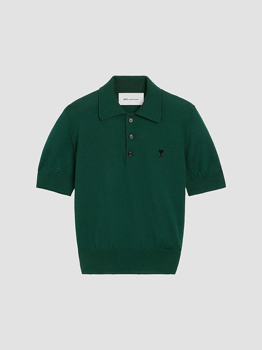 AMI Paris Women's Ami De Coeur Wool Polo Top - Bottle Green Black - Size XL