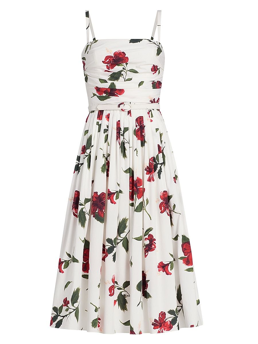 Women's Hibiscus Cotton Poplin Belted Midi-Dress - Red White - Size 12