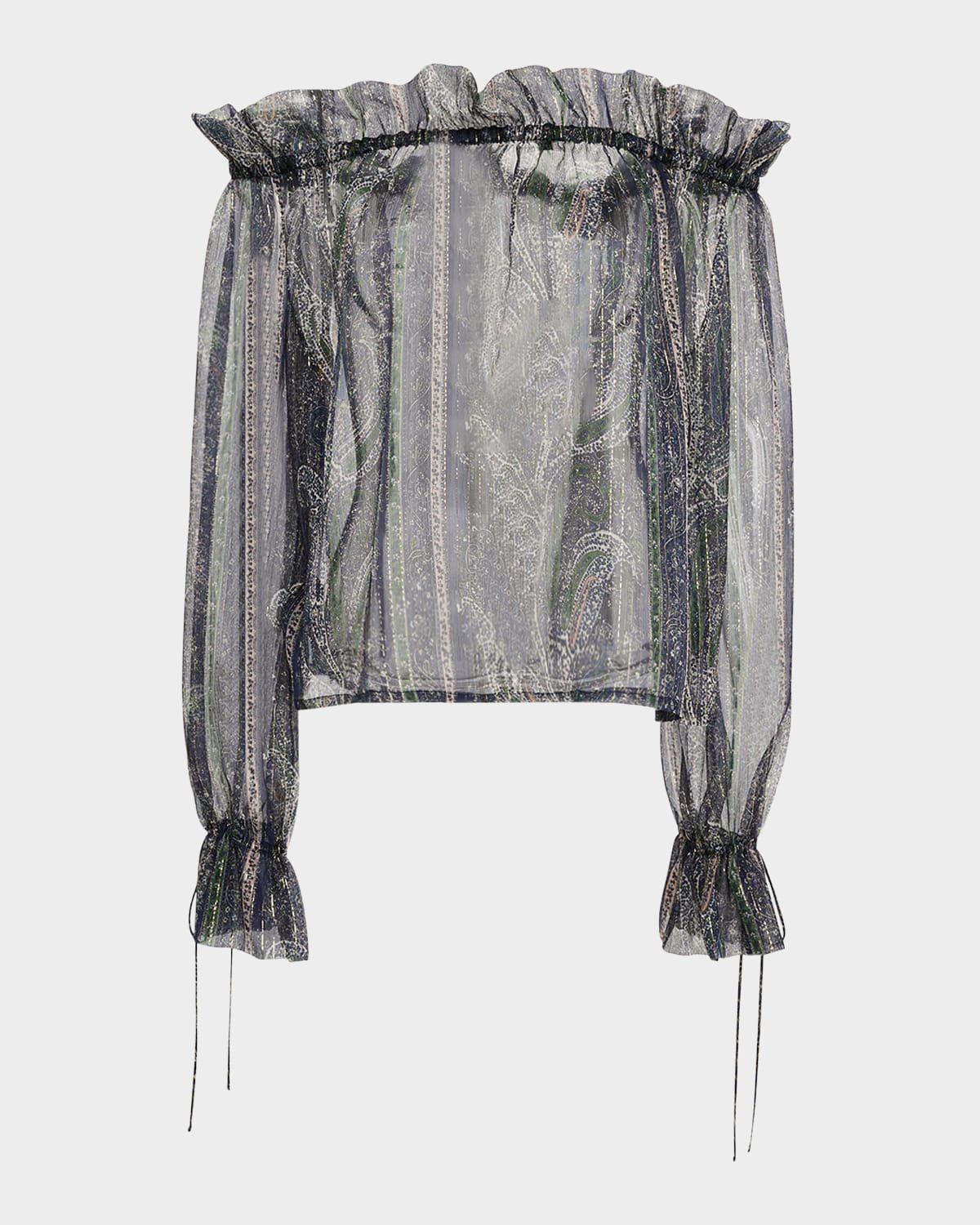 Metallic Paisley Ruffle Off-The-Shoulder Blouse