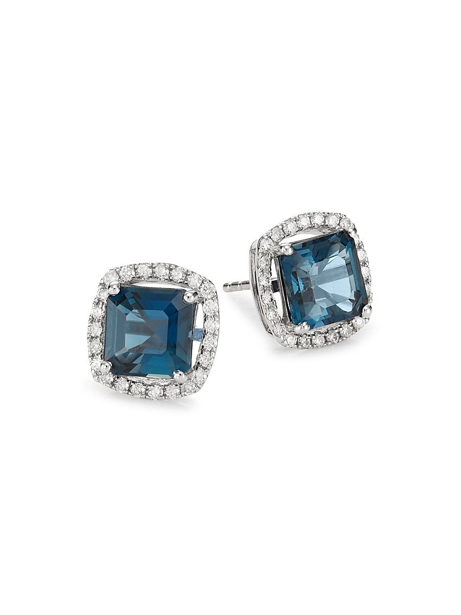 Women's 14K White Gold, London Blue Topaz & Diamond Cushion Stud Earrings - Blue Topaz