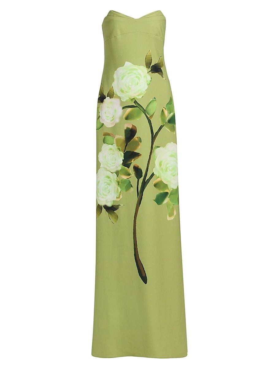 Women's Pleated Floral Strapless Gown - Lime Multi - Size 10
