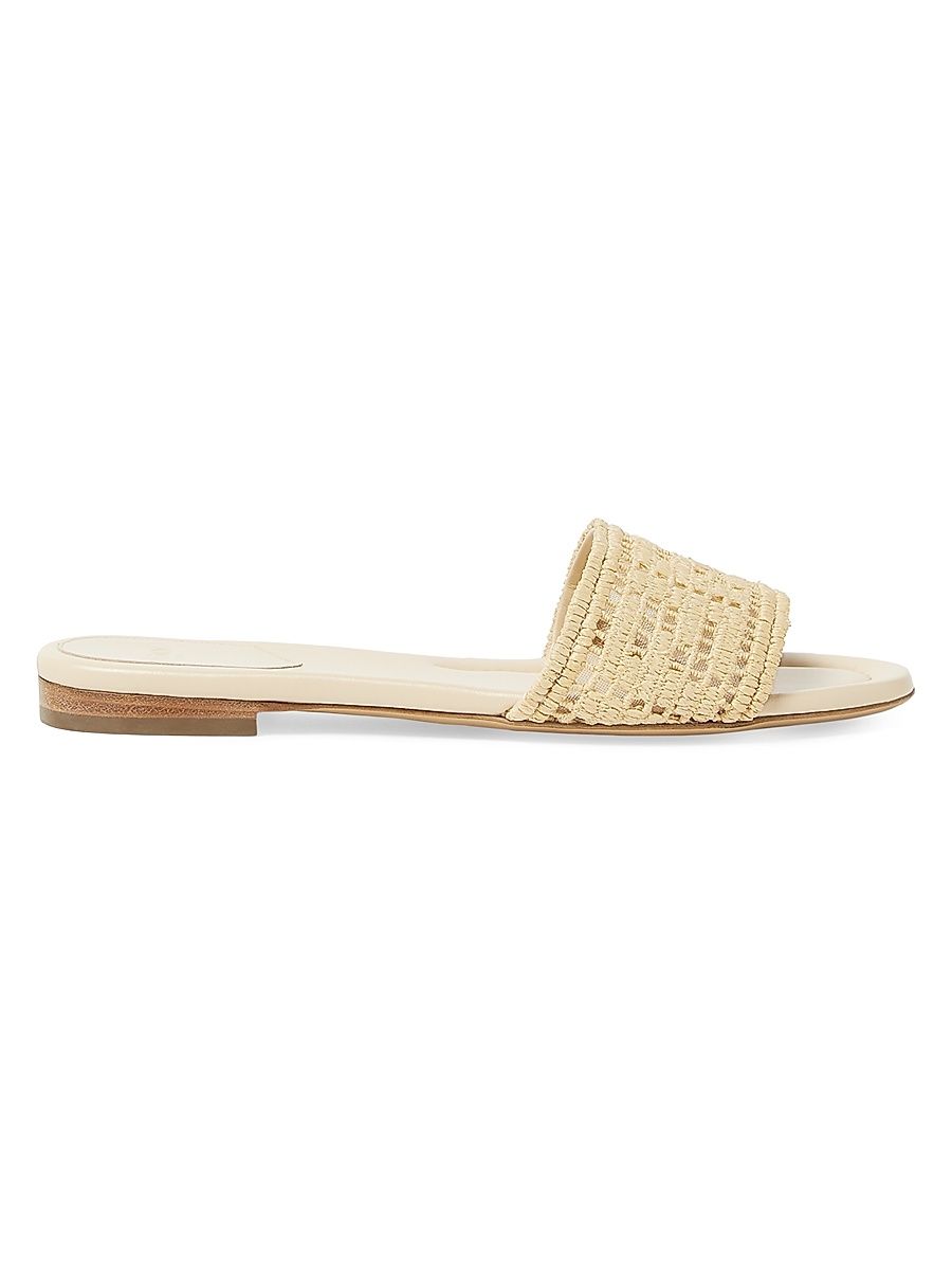 Women's Sunshine Logo Leather Flat Slides - Beige - Size 11 Sandals