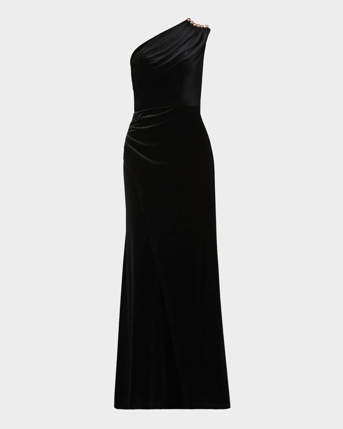 Ola Pleated One-Shoulder Stretch Velvet Gown