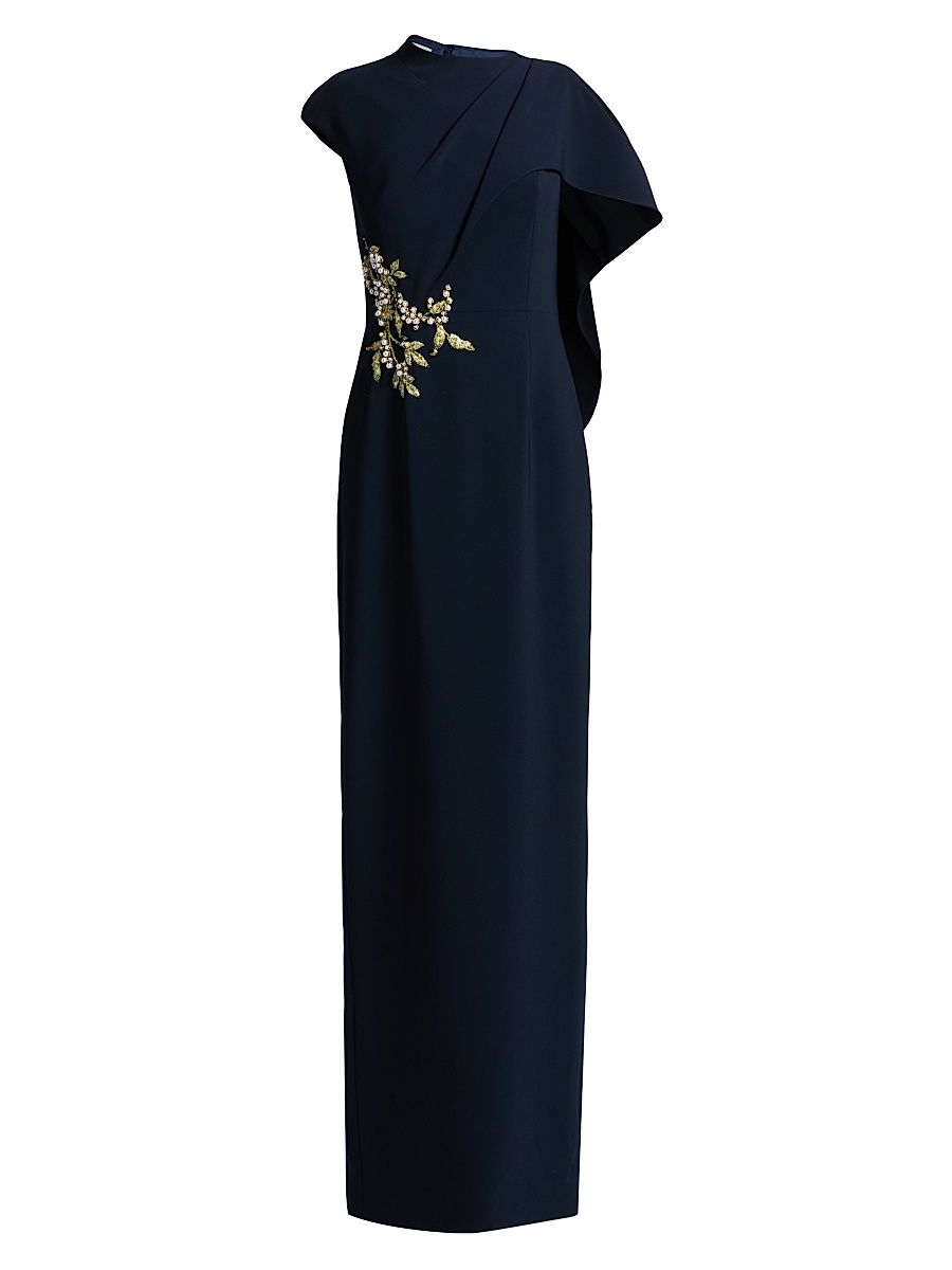 Women's Pearl-Embellished Draped Cape Column Gown - Navy - Size 18