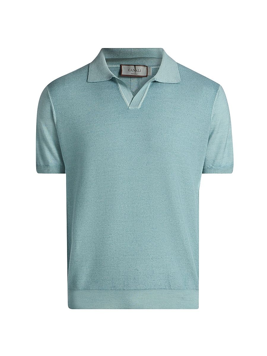 Men's Micro-Stitch Wool & Silk Polo Shirt - Blue - Size 44