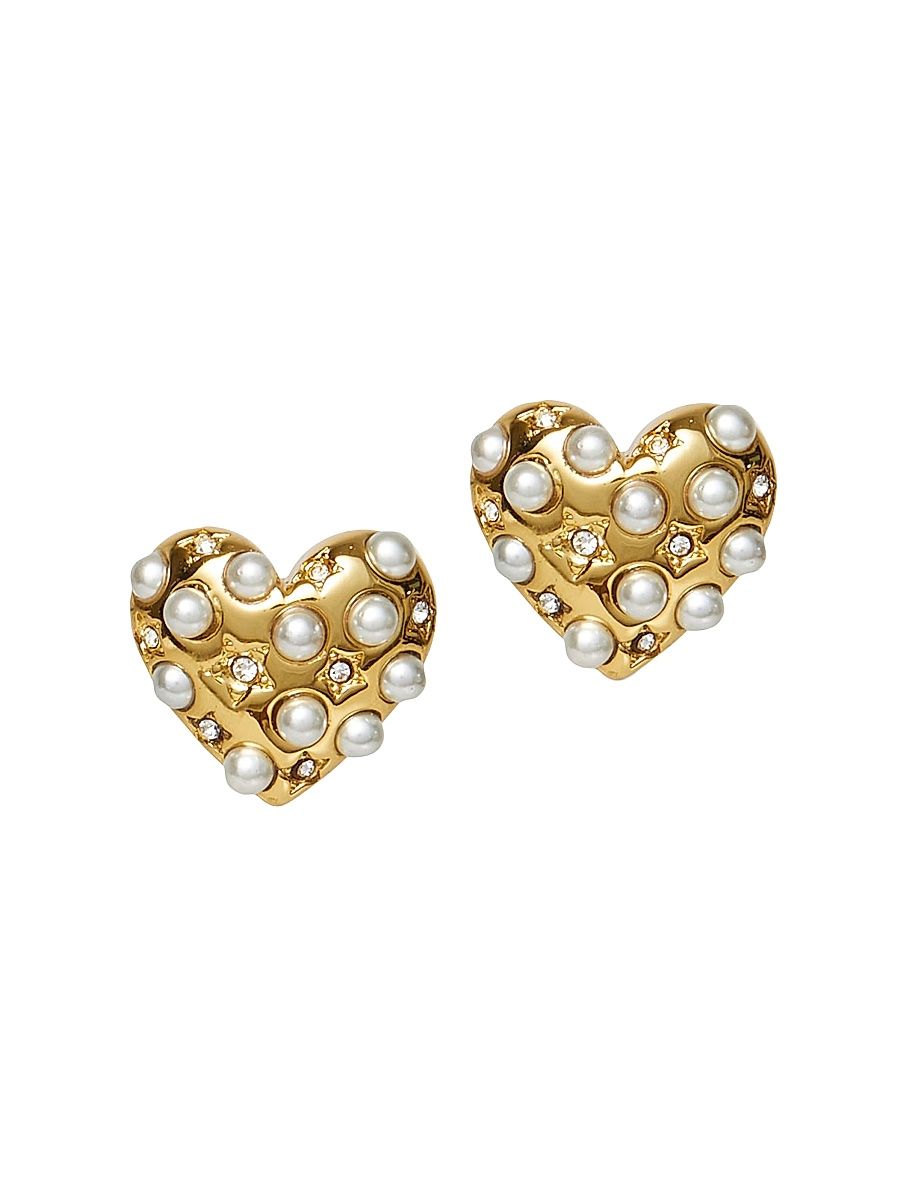 Women's Celestial Heart 14K-Gold-Plated, Imitation Pearl & Crystal Stud Earrings - Gold