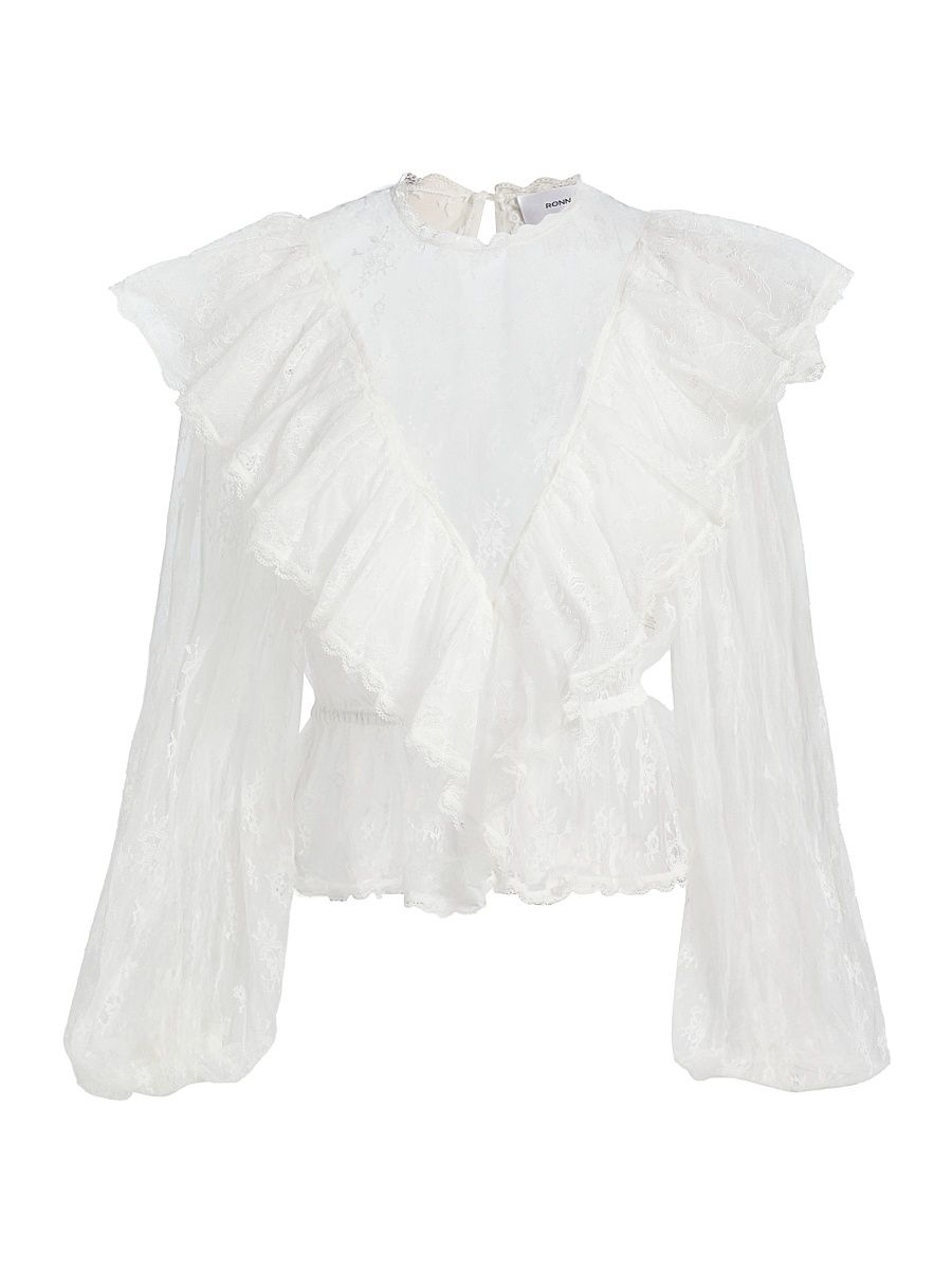 Women's Talia Ruffled Sheer Lace Blouse - Ivory - Size XL