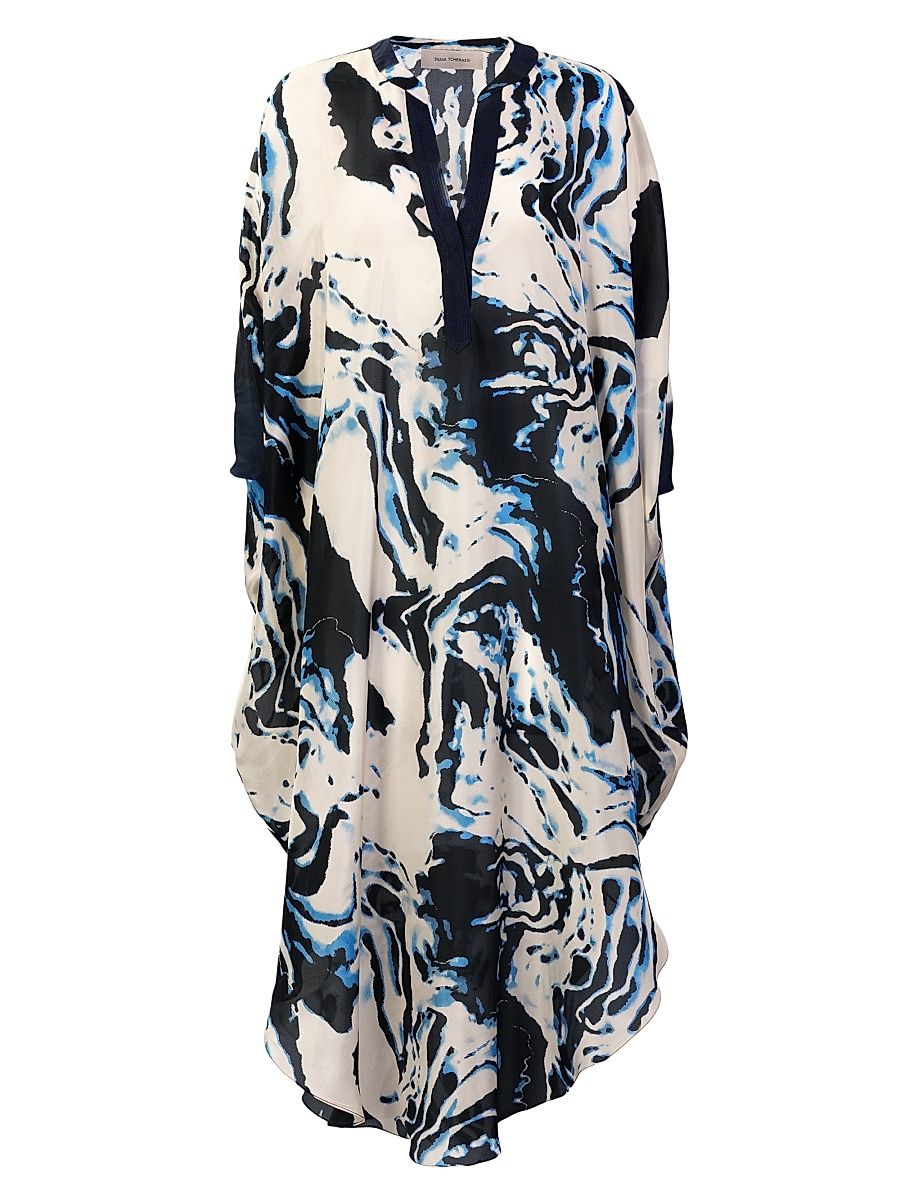 Women's Elea Marbleized Silk Tunic - Deep Sea Abstract - Size Small