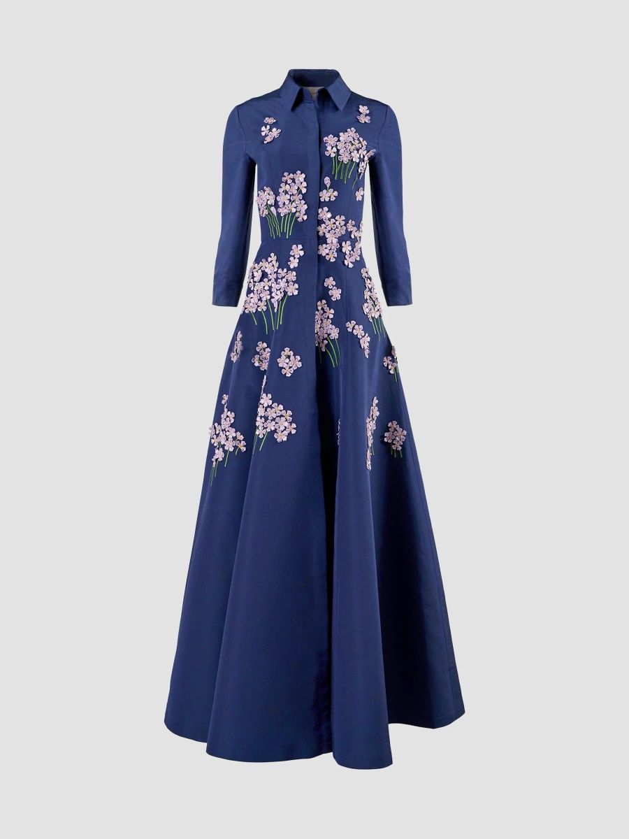 Carolina Herrera Women's Floral Appliqué Silk Self-Belt Gown - Indigo - Size 14