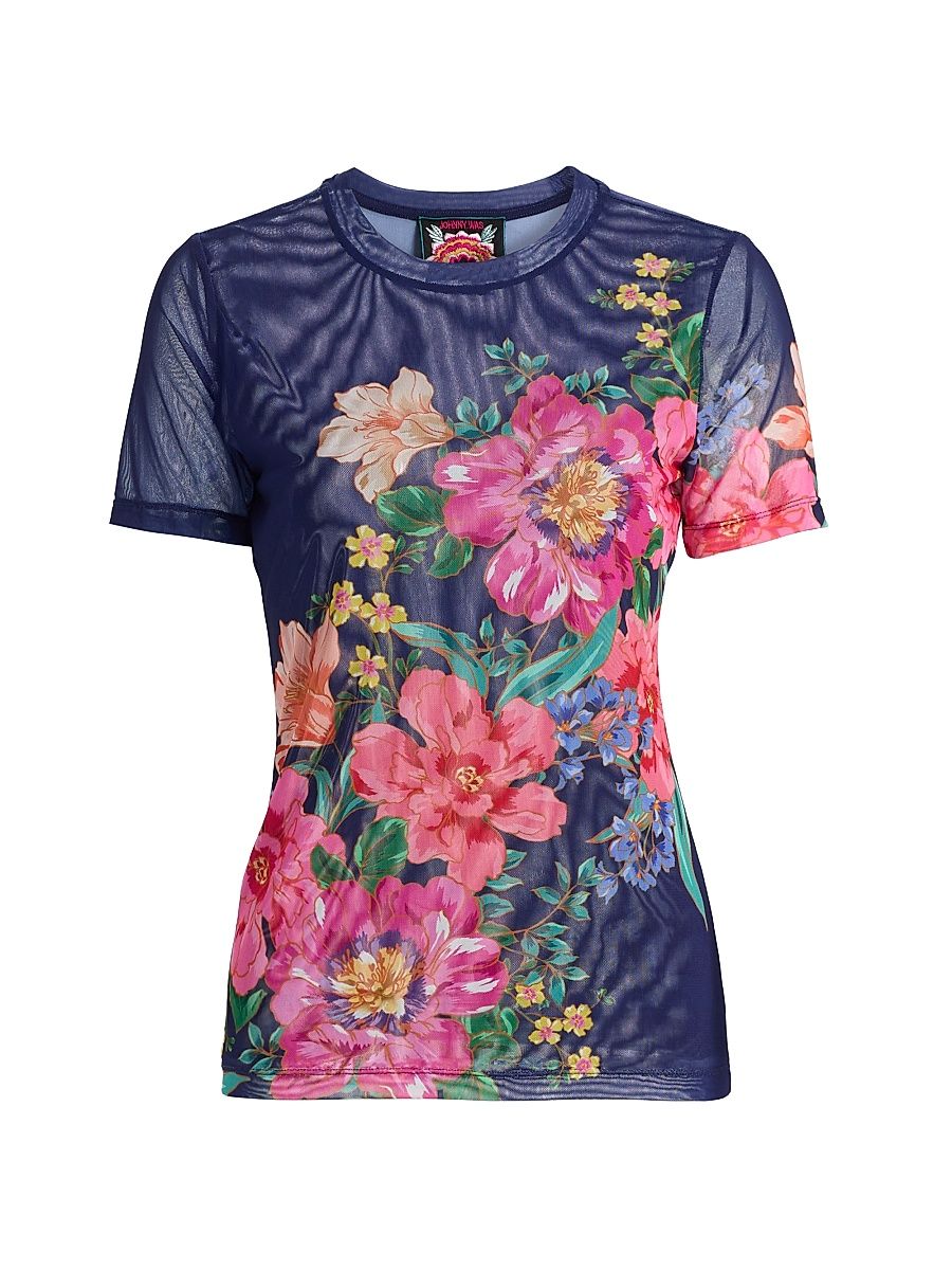 Women's Eleanor Floral Mesh T-Shirt - Celiora Navy - Size XS