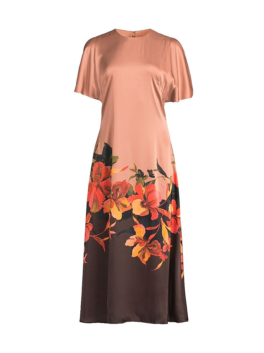 Women's Raven Floral Satin Midi-Dress - Coral Placement Floral - Size XL