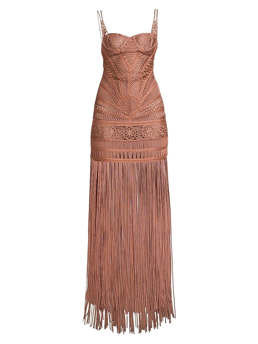 Women's Macramé Bustier Fringe Gown - Dark Pink - Size 0