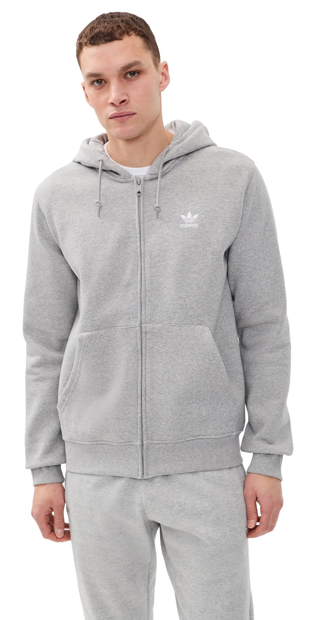 adidas Trefoil Essentials Full Zip Hoodie Medium Grey Heather/White S