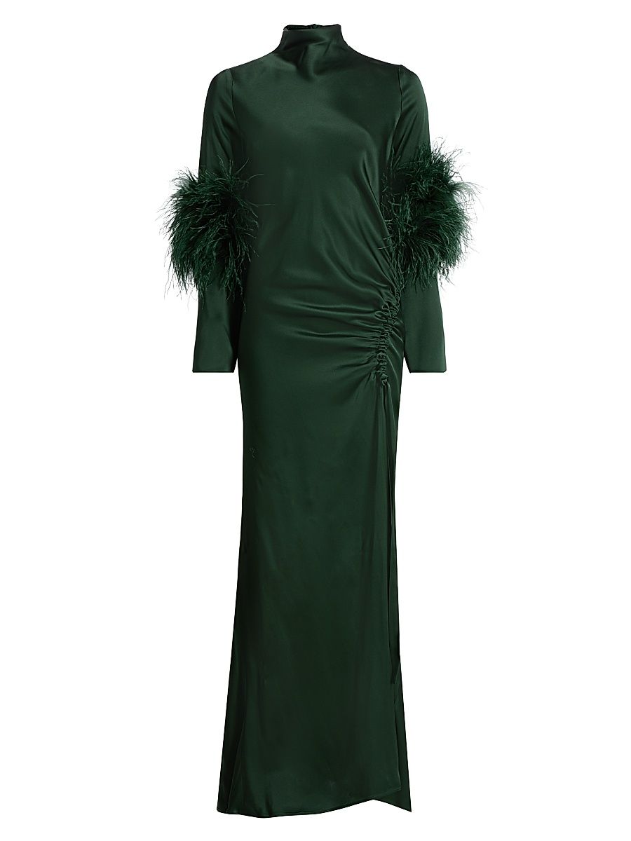 Women's Double-Faced Satin Feather-Trimmed Gown - Forest Green - Size 12