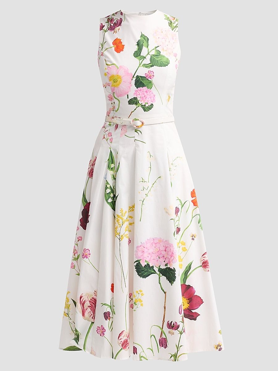 Women's Mixed Botanical Stretch Cotton Sleeveless Day Dress - White Multi - Size 16