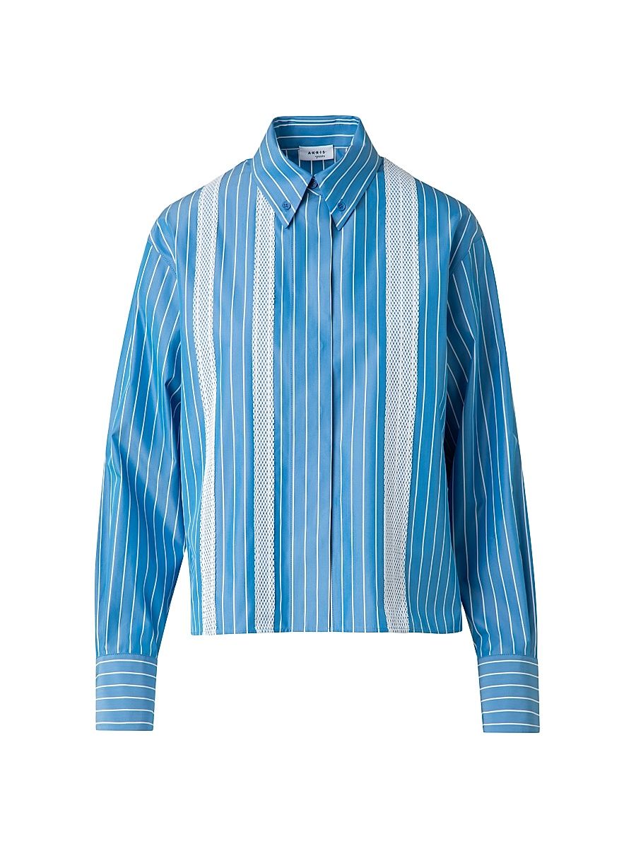 Women's Striped Cotton Poplin Button-Down Blouse - Medium Blue Cream - Size 14