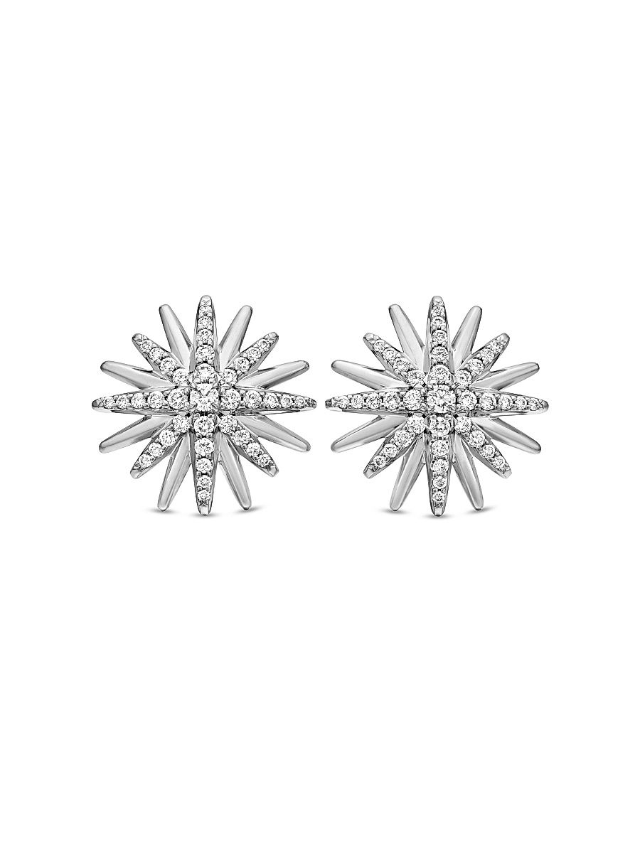 Women's Starburst Stud Earrings in Sterling Silver with Diamonds, 19MM - Diamond