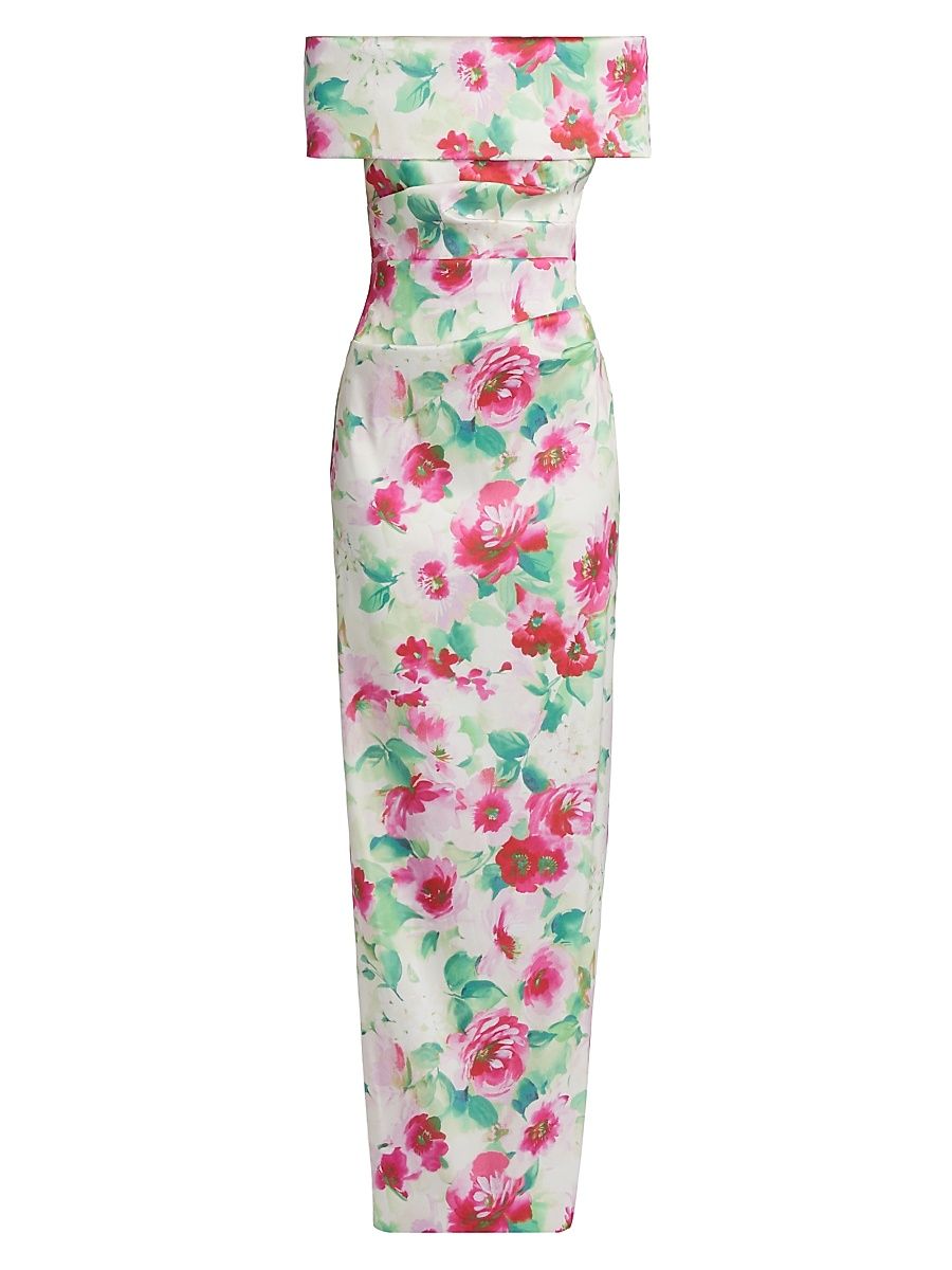 Women's Floral Ruched Off-The-Shoulder Gown - White Multi - Size 16