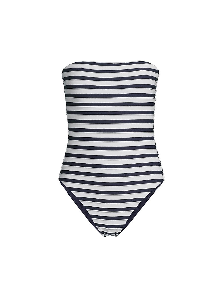 Women's Nautical Striped Bandeau One-Piece Swimsuit - Navy White - Size Large