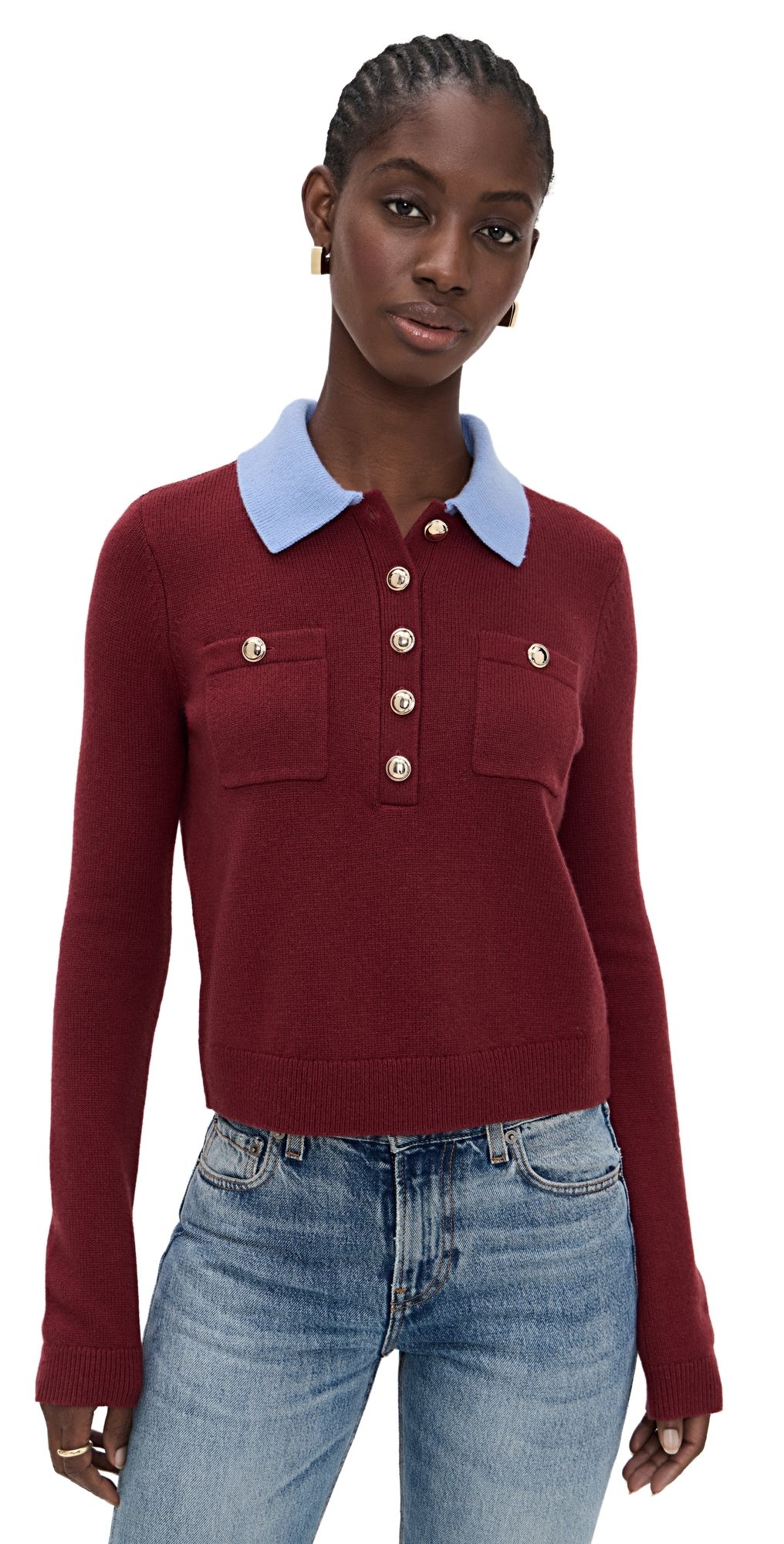 Self Portrait Burgundy Contrast Collar Knit Top Red S