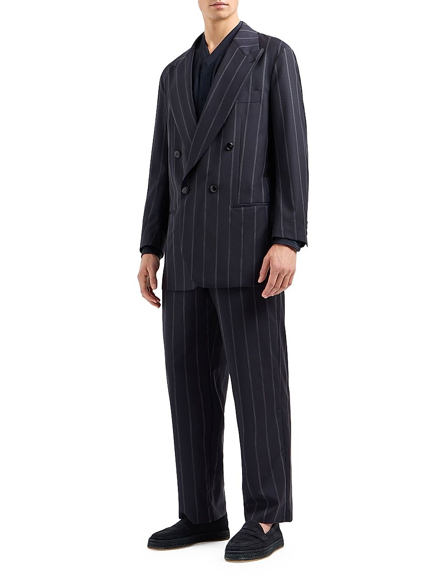 Men's Fashion Pinstripe Virgin Wool Suit - Navy - Size 44