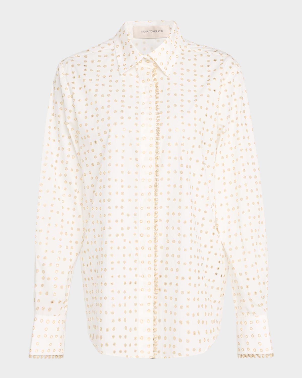 Metallic Dot Eyelet Embroidered Button-Down Shirt