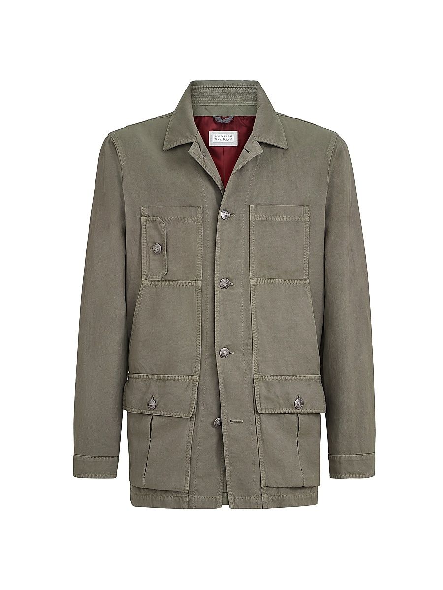 Men's Cotton and Linen Canvas Outerwear Jacket - Military - Size 34