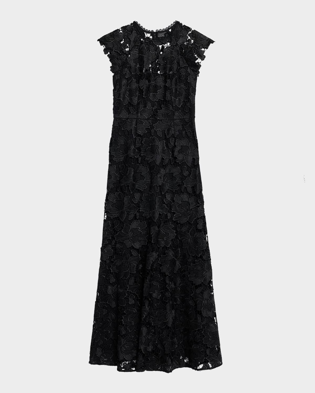 Raven Cap-Sleeve Floral Lace Gown