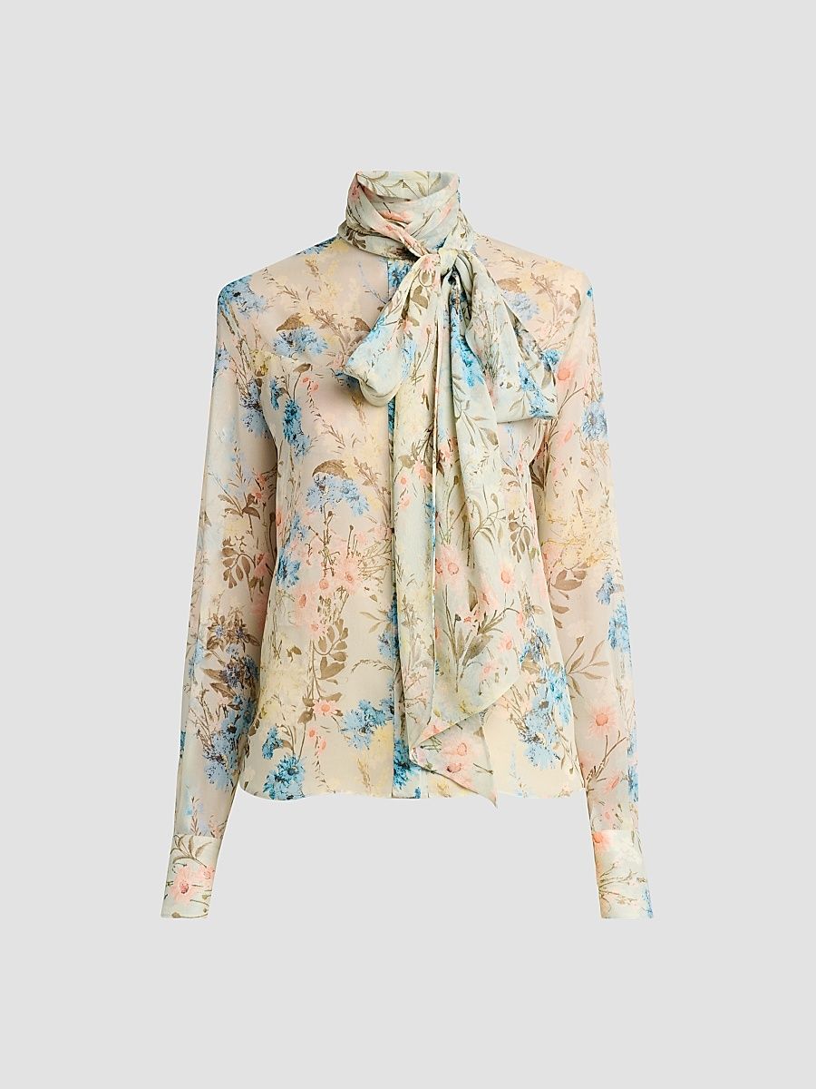 Women's Floral Tieneck Silk Blouse - Pistachio Pink - Size 4