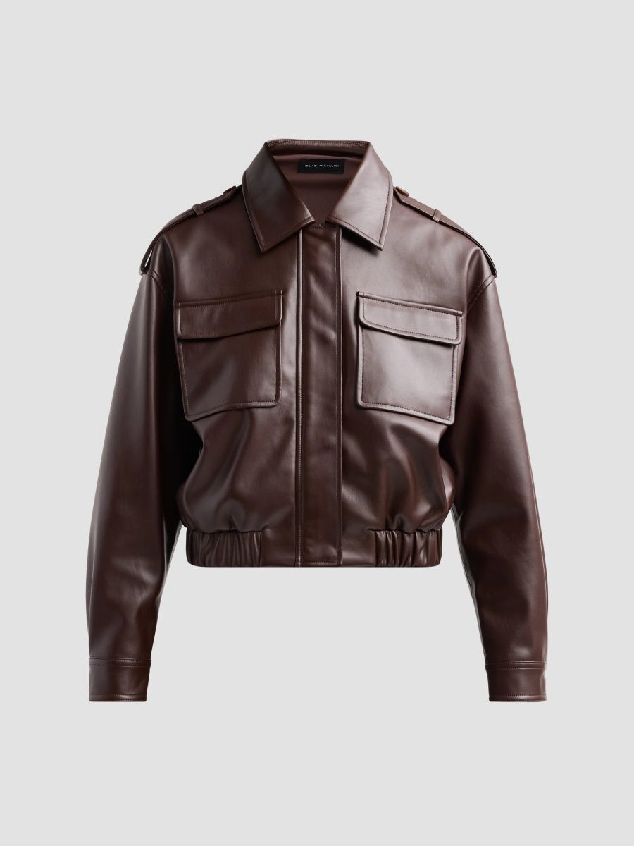 Elie Tahari Women's Ruby Faux-Leather Crop Bomber Jacket - Rhapsody Brown - Size XS
